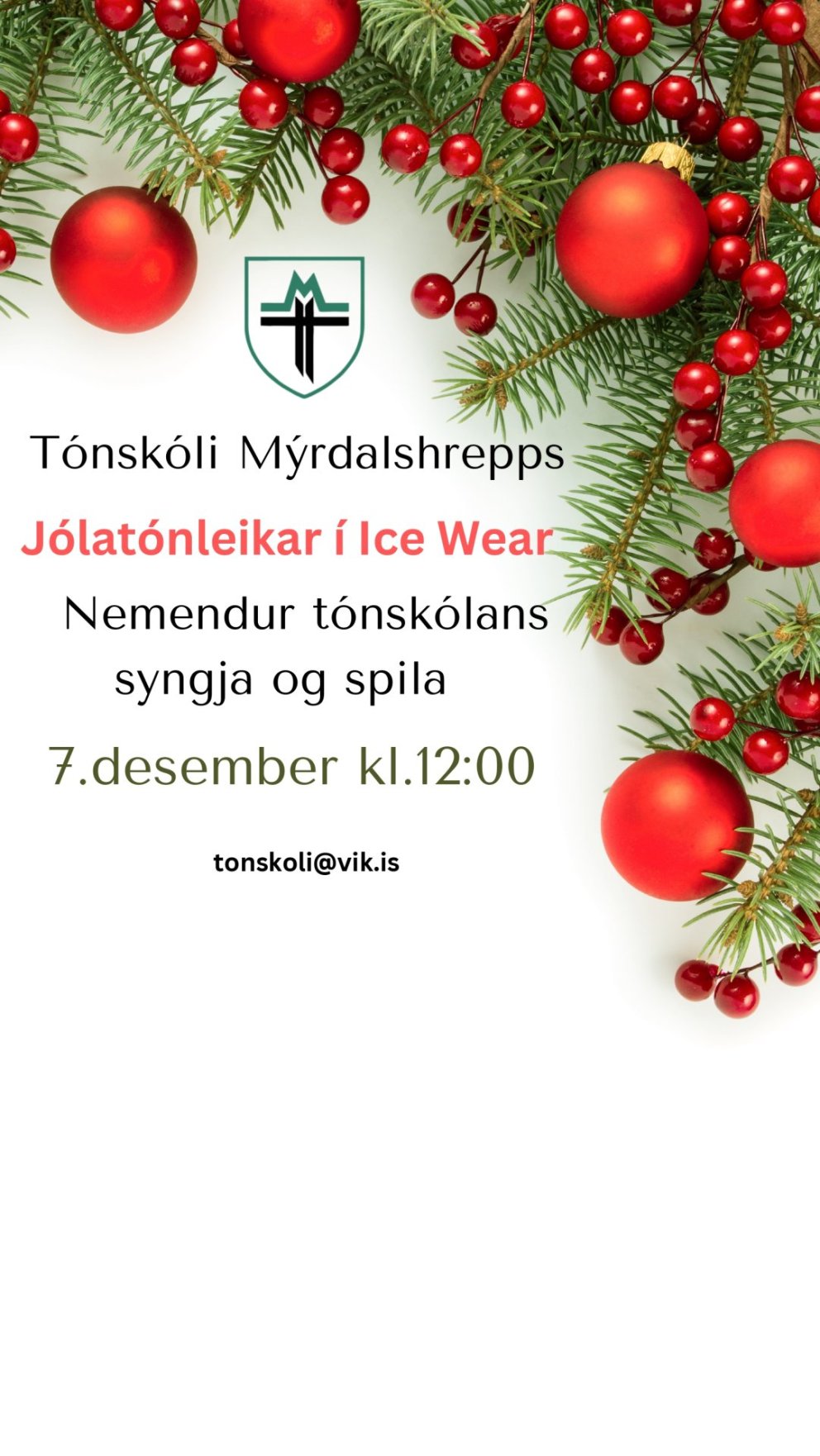 Jólatónleikar í Icewear 7.desember kl.12:00