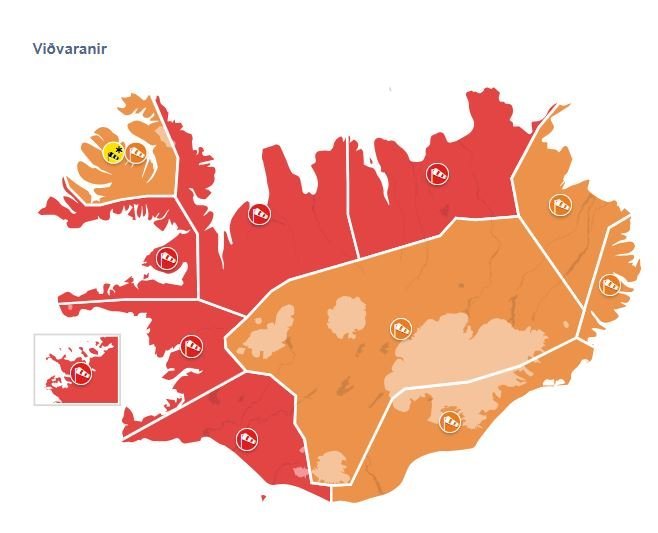 Appel­sínu­gular og rauðar viðvaranir fyrir svæðið